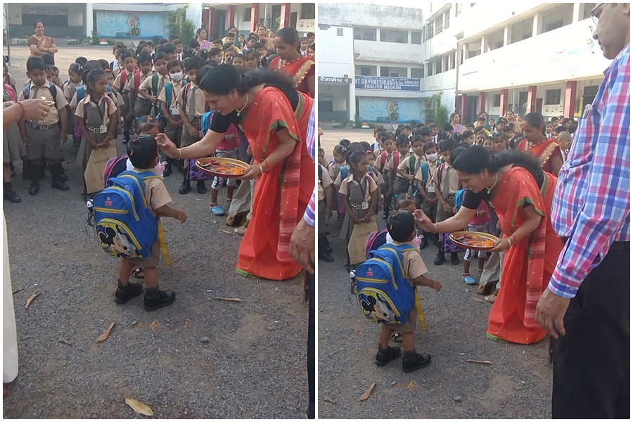  संत ज्ञानेश्वर स्कूल में मना शाला प्रवेशोत्सव, पुष्पवर्षा के साथ नौनिहालों का स्वागत